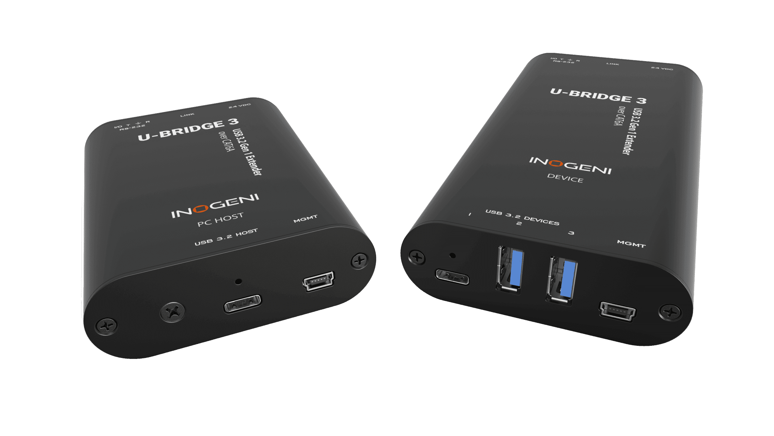 INOGENI U-BRIDGE 3 PC HOST and DEVICE modules in black anodised aluminium shown at an angle