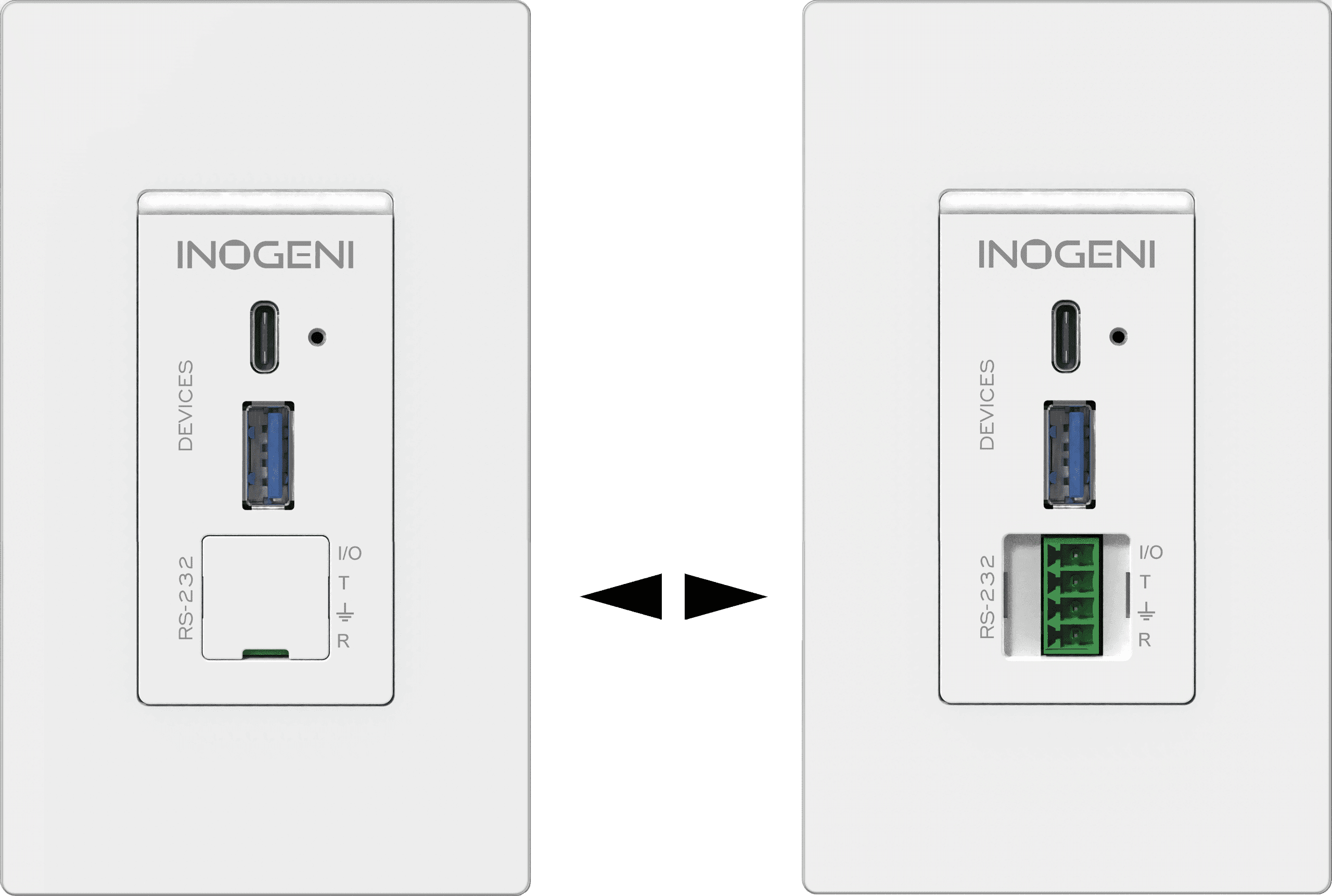 INOGENI U-BRIDGE 3 WP wall plate device module with USB-A and USB-C ports, shown with the PC HOST module
