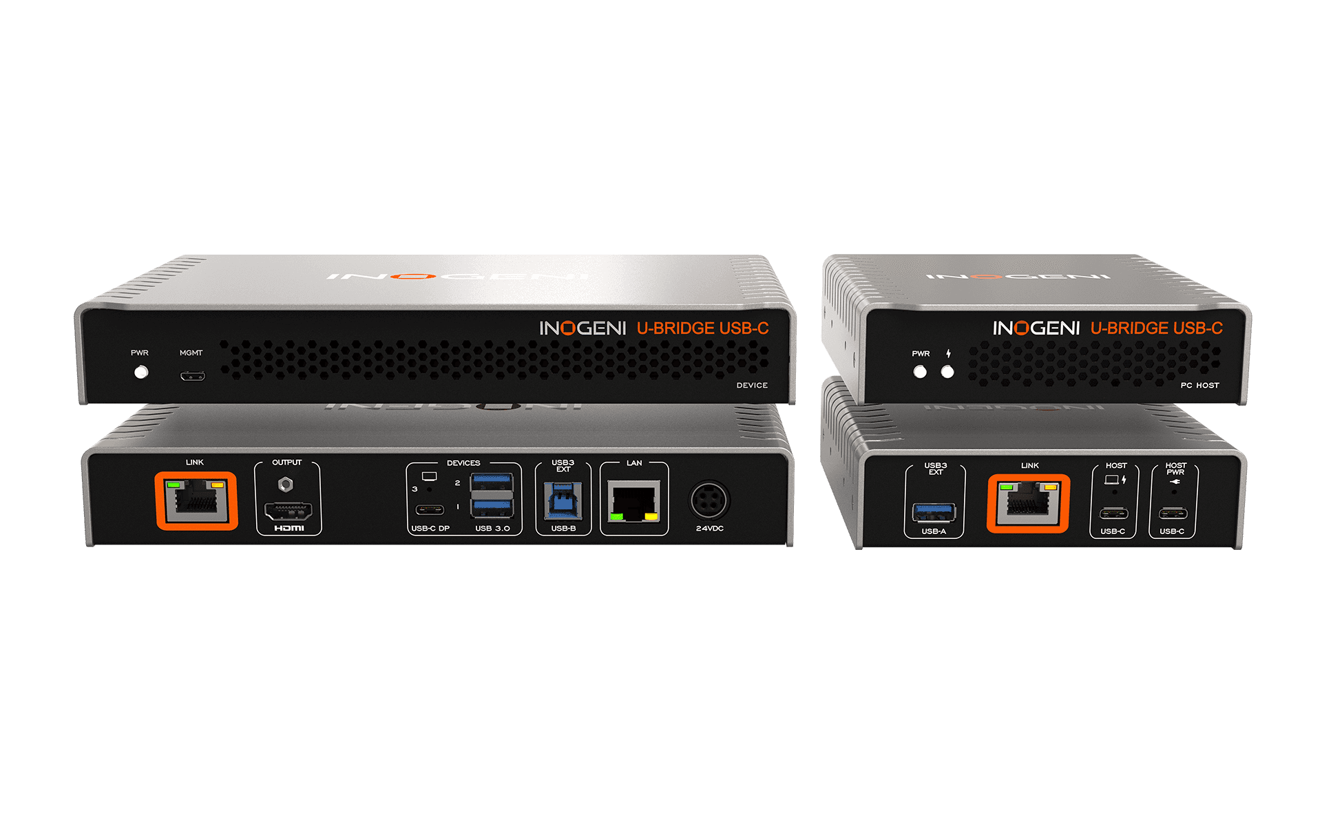 INOGENI U-BRIDGE USB-C PC HOST and DEVICE extender modules in aluminium enclosures