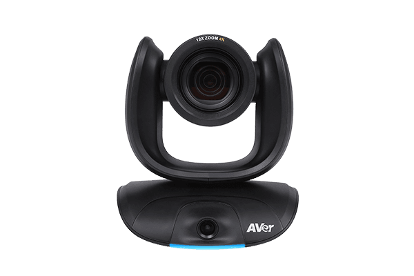AVer CAM550 dual-lens PTZ conferencing camera in black, front view showing the main PTZ lens and the secondary lens in the base
