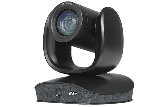AVer CAM570 dual-lens camera in black, three-quarter view showing the PTZ lens and the fabric-covered base