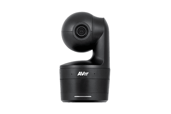 AVer DL10 tracking camera in black, front view with the lens facing forward on its curved arm and cylindrical base
