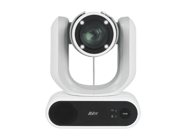 AVer MD330U medical grade PTZ camera in white, front view showing the ring-lit lens and the dark control strip on the base