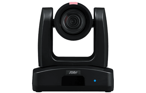 AVer PTZ310UV2 professional PTZ camera in black, front view with the lens centred and a pink tally lamp on top