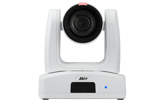 AVer PTZ330UV2 professional PTZ camera in white, front view with the lens centred and a pink tally lamp on top