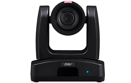 AVer TR315 auto tracking PTZ camera in black, front view with the lens centred and a pink tally lamp on top — manufacturer product-family image