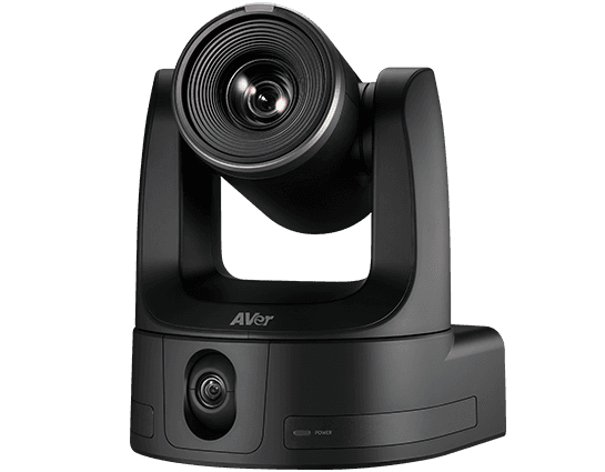 AVer TR535 dual lens auto tracking camera in black, front view showing the large PTZ lens and the second lens in the base