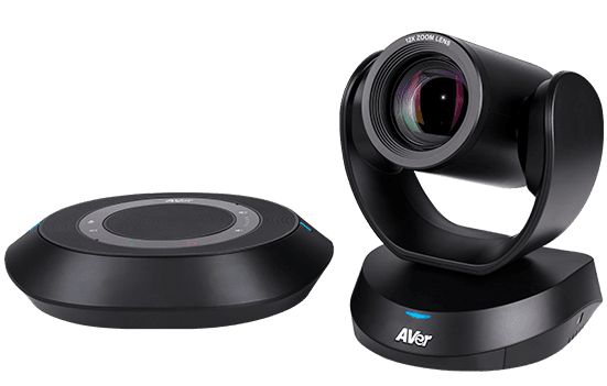 AVer VC520 Pro3 shown as a pair: the round black speakerphone on the left and the PTZ conferencing camera on the right