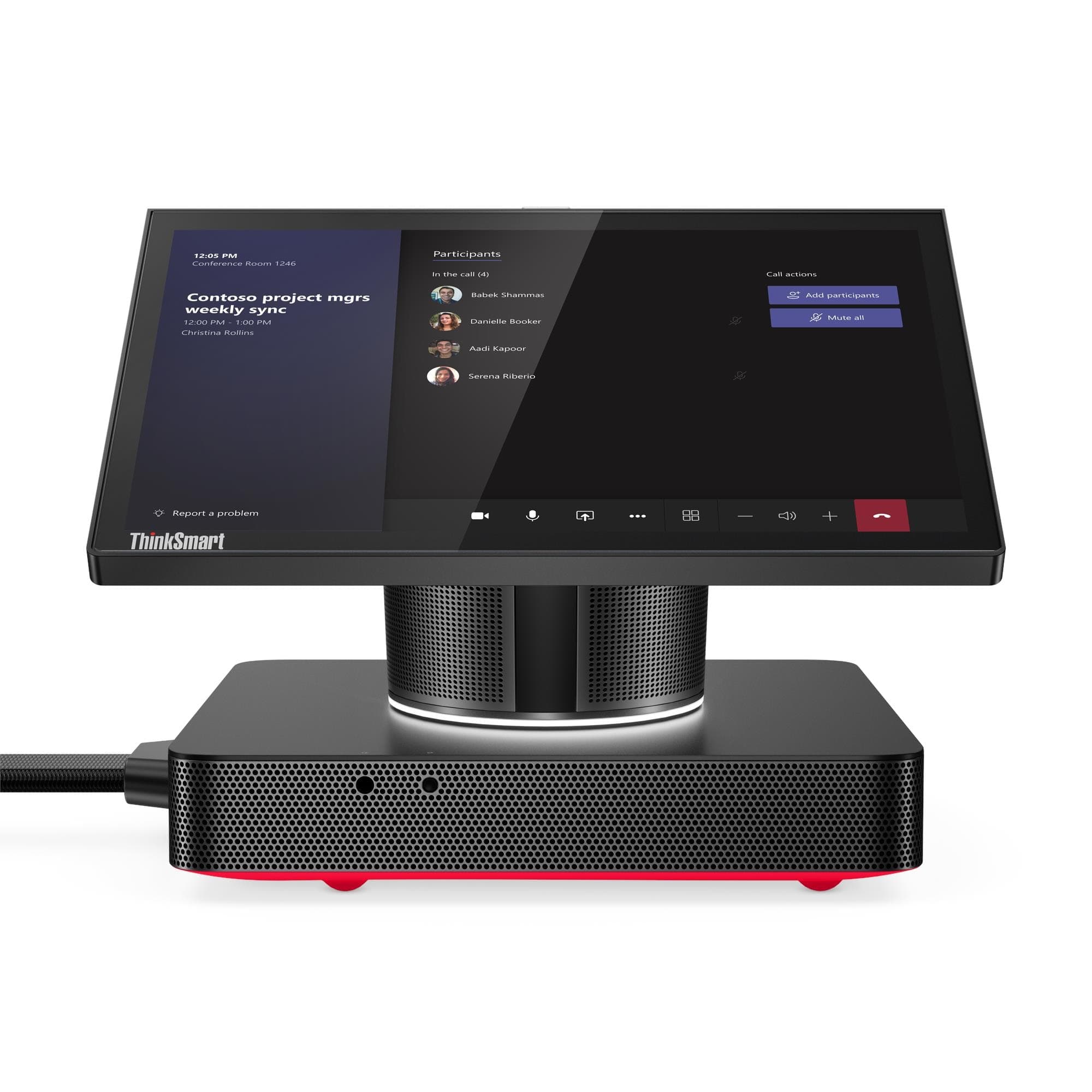 Lenovo ThinkSmart Hub — front view of the 10.1-inch touch display on its speaker column and black base, showing a Microsoft Teams meeting screen