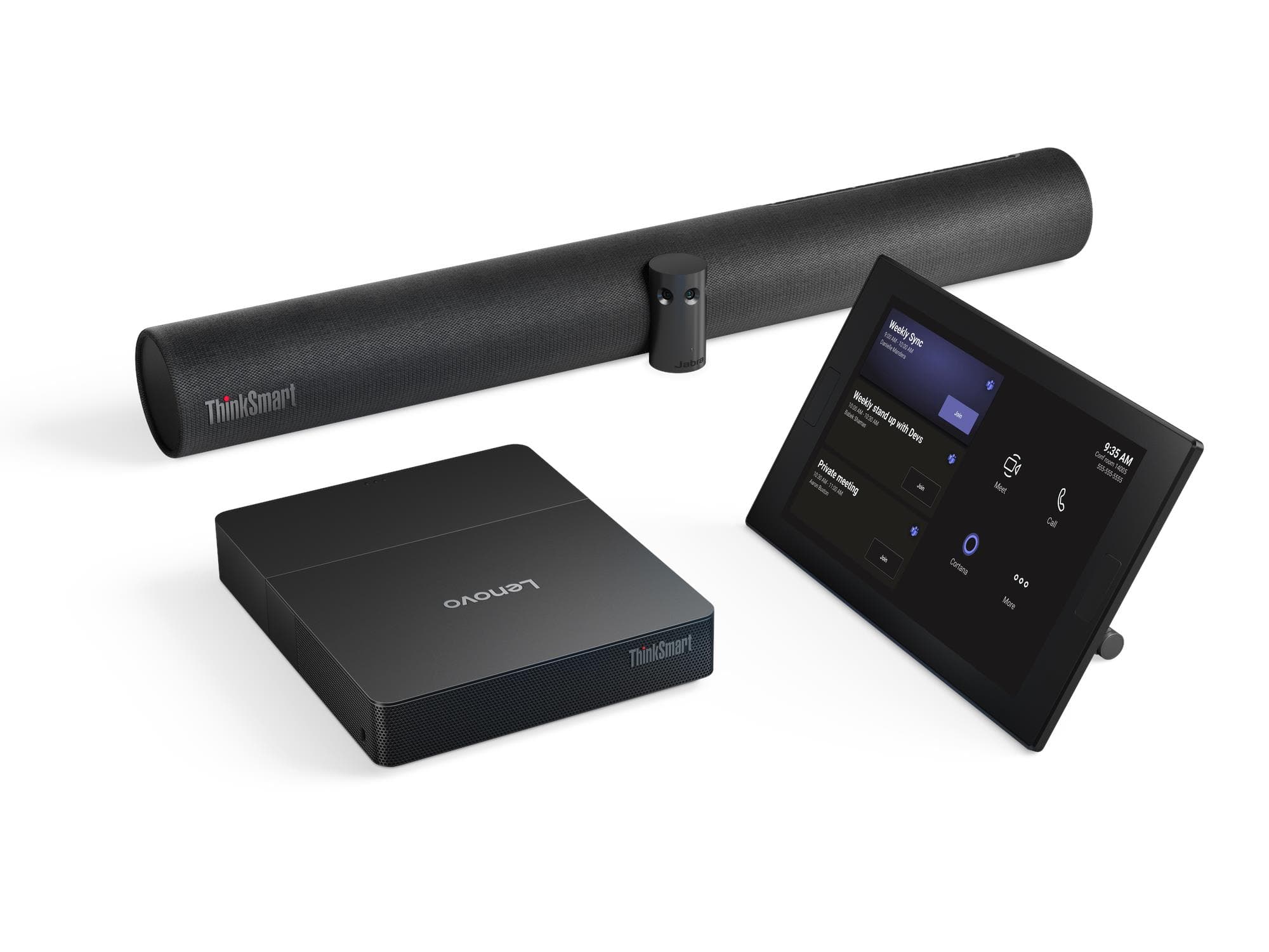 Lenovo ThinkSmart Core Gen 2 room kit — black ThinkSmart audio bar with centre camera module, ThinkSmart Core compute unit and ThinkSmart Controller touch panel showing a Teams room screen