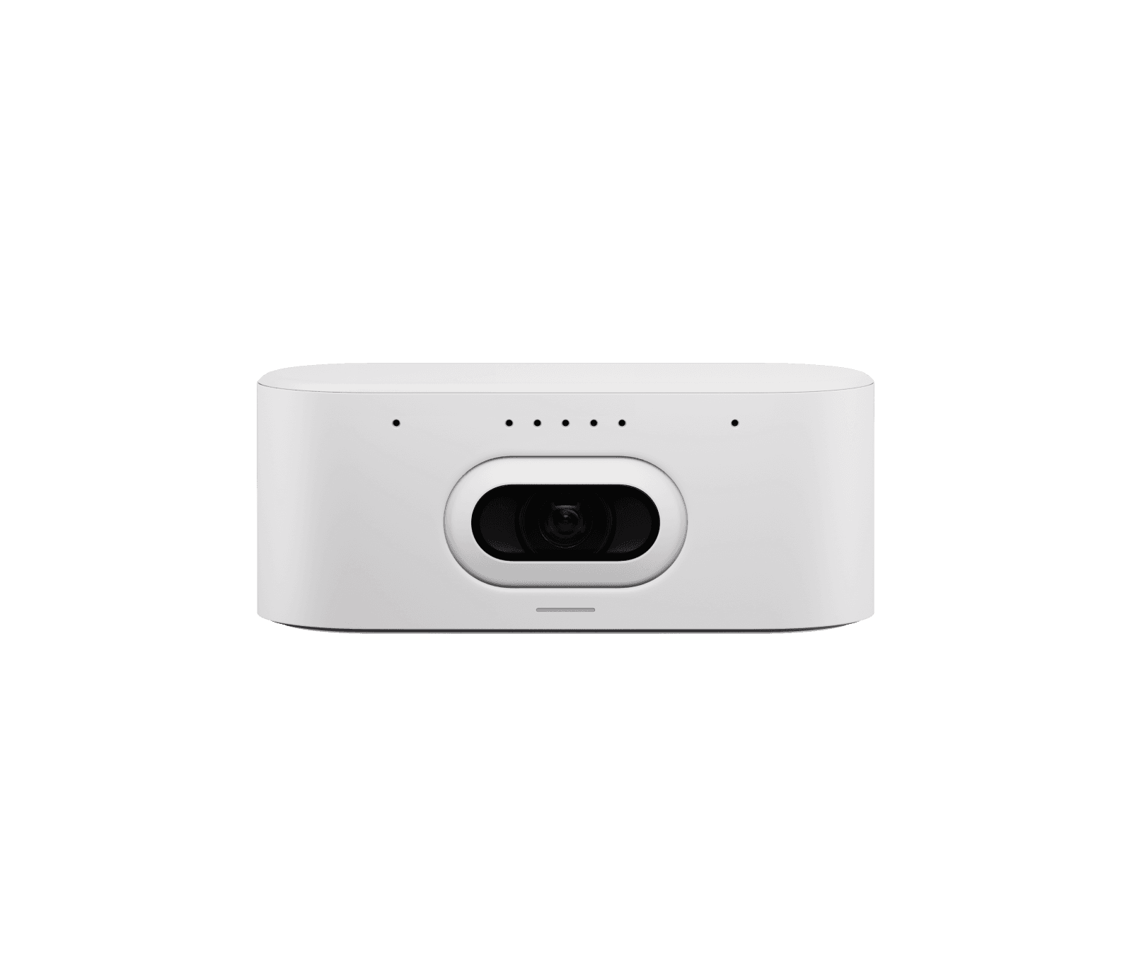 Logitech Rally AI Camera in Off-White — front view of the low-profile rectangular camera body with its central lens