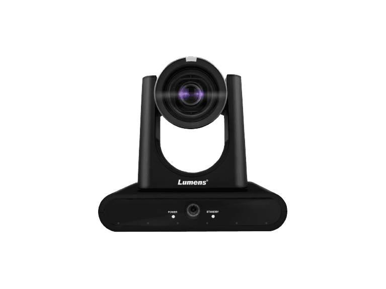 Lumens VC-TR60A dual-lens PTZ camera in black — front view of the zoom head above the panoramic camera bar