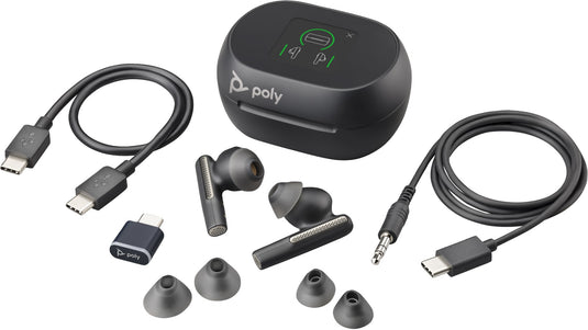 POLY Voyager Free 60+ UC Carbon Black Earbuds +BT700 USB-C Adapter +Touchscreen Charge Case - TopAV