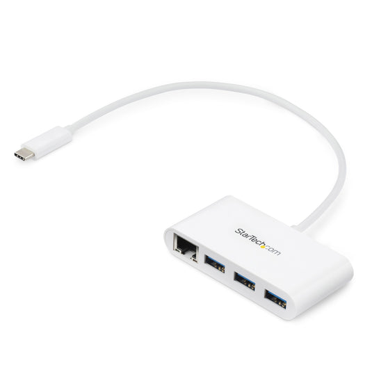 StarTech.com 3-Port USB-C Hub with Gigabit Ethernet - USB-C to 3x USB-A - USB 3.0 Hub - White~3-Port USB-C Hub with Gigabit Ethernet - USB-C to 3x USB-A - USB 3.0 Hub - 5Gbps - White - TopAV