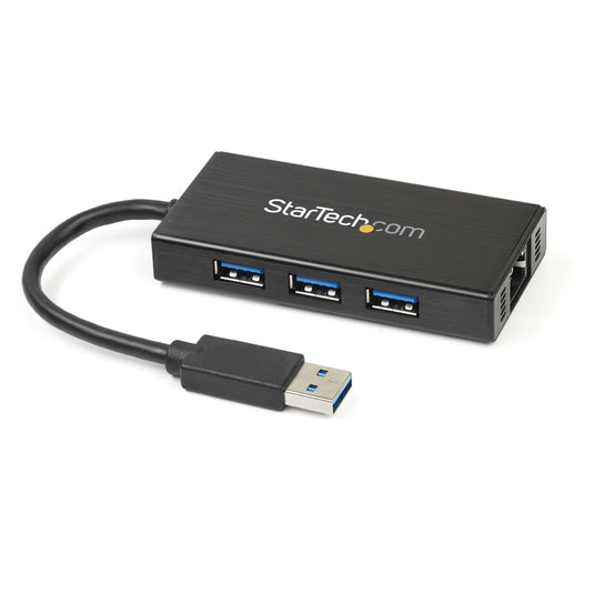 StarTech.com 3-Port Portable USB 3.0 Hub plus Gigabit Ethernet - Aluminum with Built-in Cable~3-Port Portable USB 3.0 Hub plus Gigabit Ethernet - 5Gbps - Aluminum with Built-in Cable - TopAV