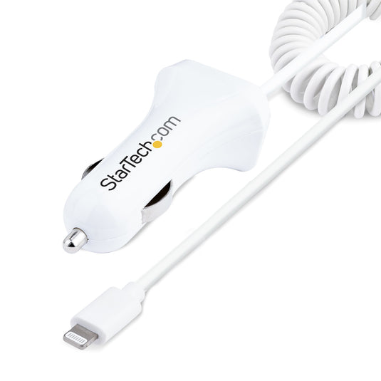 StarTech.com Lightning Car Charger with Coiled Cable, 1m Coiled Lightning Cable, 12W, White, 2 Port USB Car Charger Adapter for Phones and Tablets, Dual USB In Car iPhone Charger - TopAV