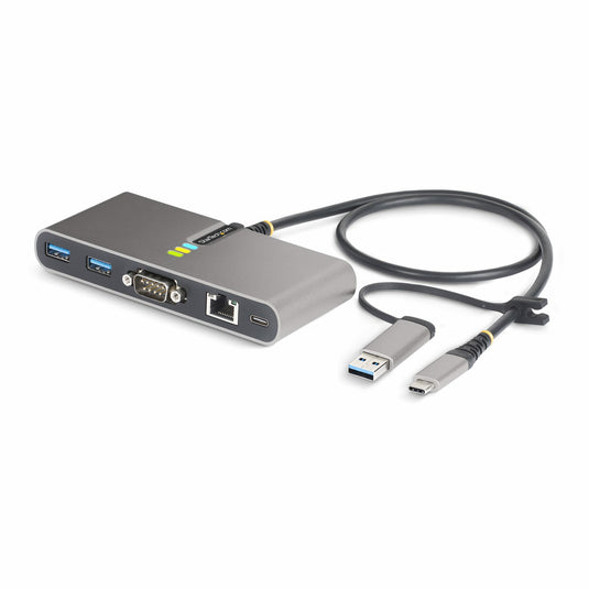 StarTech.com 2-Port USB-C Hub with Ethernet and RS-232, Attached USB-C to USB-A Dongle, 100W PD Pass-Through, 2x USB-A 5Gbps, Gigabit Ethernet, RS232 Serial (FTDI) - TopAV