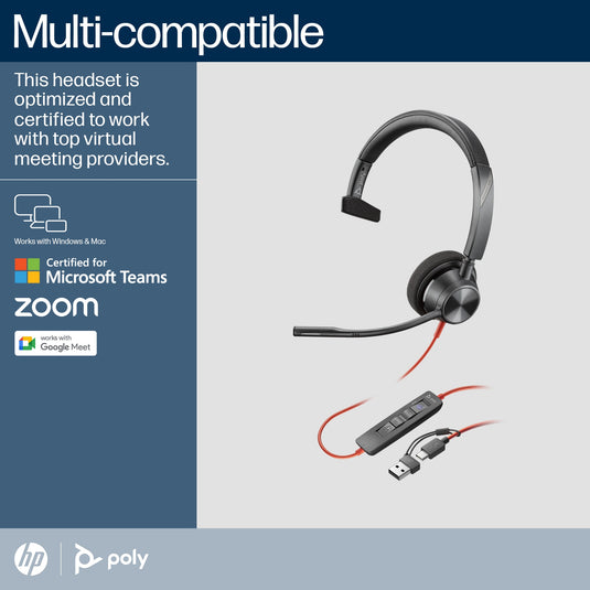 POLY Blackwire 3310 Monaural Microsoft Teams Certified USB-C Headset +USB-C/A Adapter - TopAV